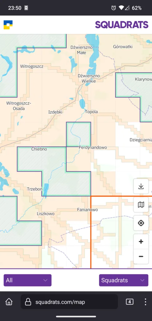 Zrzut ekranu ze strony Squadrats otwartej w Firefoksie na Androidzie. Tryb widoku mapy.