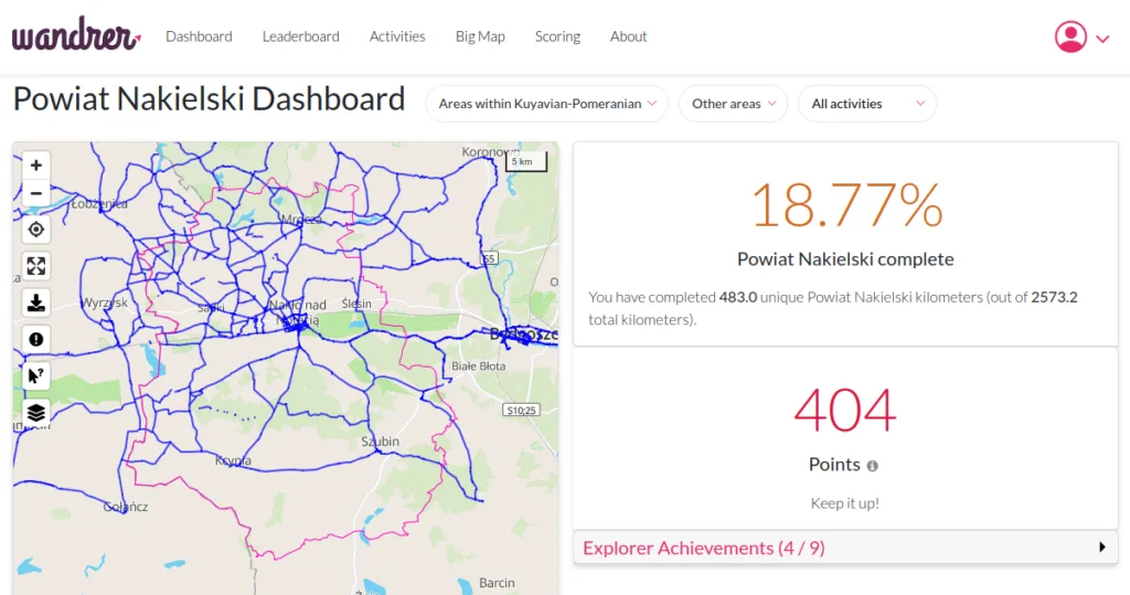 Mapa powiatu nakielskiego z zaznaczonymi odwiedzonymi drogami. Obok statystyka: odwiedzone 18.77% dróg w powiecie.