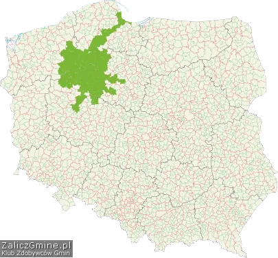 Mapa polski z zaznaczonymi na zielono odwiedzonymi przeze mnie gminami.