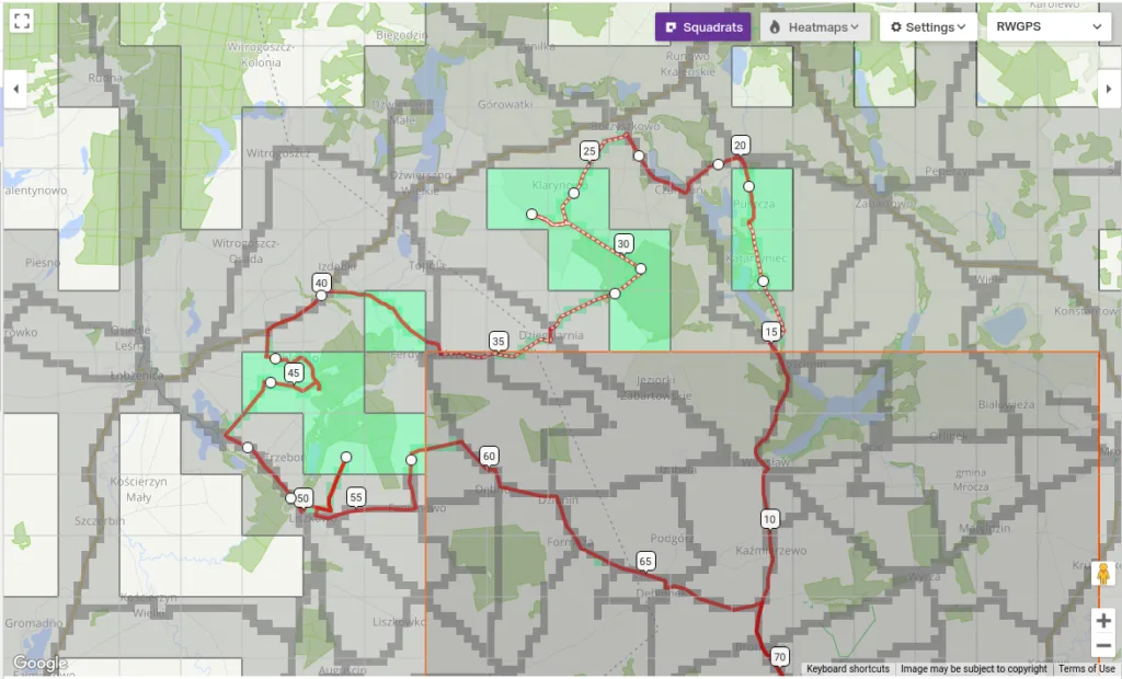 Planowanie trasy w serwisie Ride with GPS z nałożonymi danymi z Squadrats.