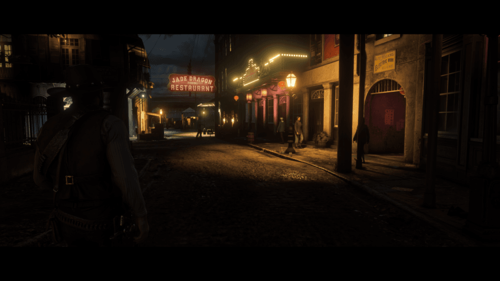 Brukowana ulica Saint Denis w nocy. Ciemna, poza punktami oświetlonymi przez latarnie. W centrum Świecący szyld Jade Dragon Restaurant.