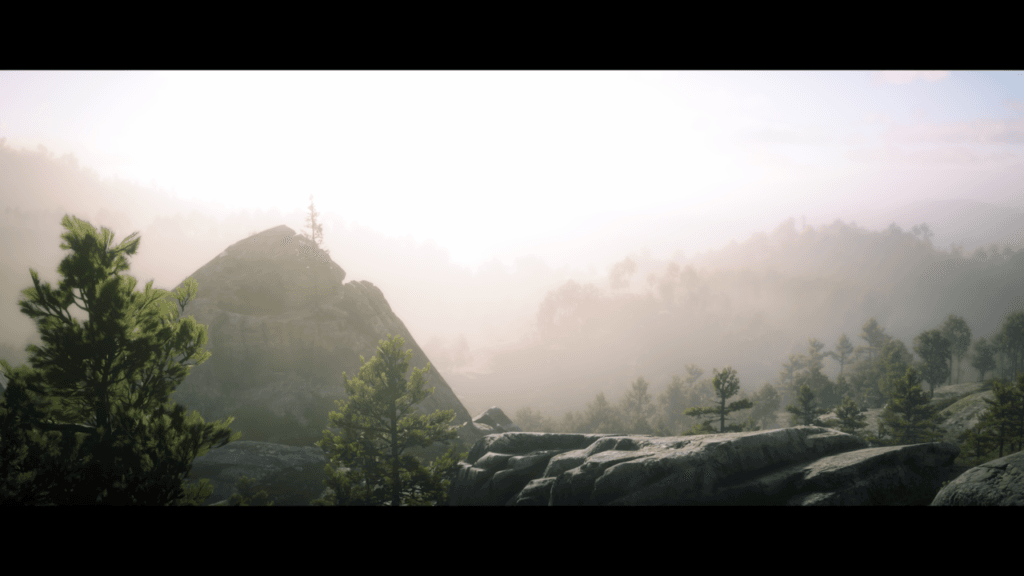 Kadr z cutscenki: górujący nad najbliższą okolicą szczyt, na którym rozegrał się finał gry.