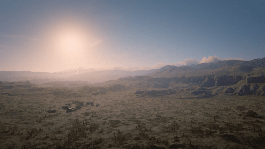 Słońce wschodzące nad otoczoną niewysokimi górami równiną, na której rosną kaktusy i kępy niewysokiej roślinności. Nieco z lewej strony widać nieduże miasteczko.