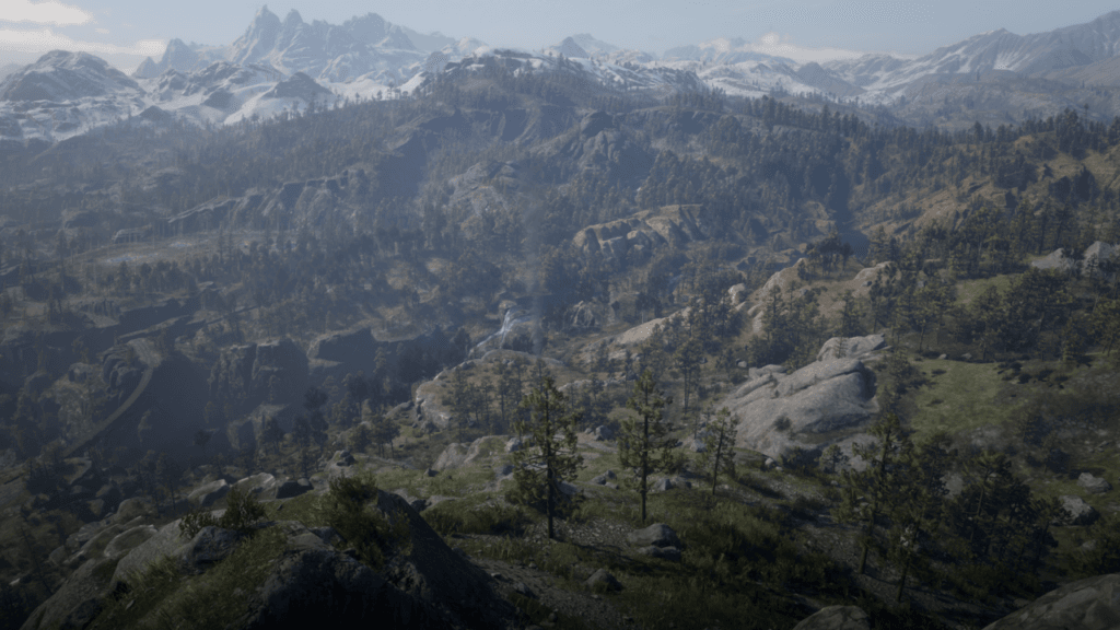 Górski pejzaż. W oddali ośnieżone szczyty, a niżej zbocza z drzewami iglastymi. W środku wodospad z rzeką płynącą kanionem w lewą stronę, pod most kolejowy.