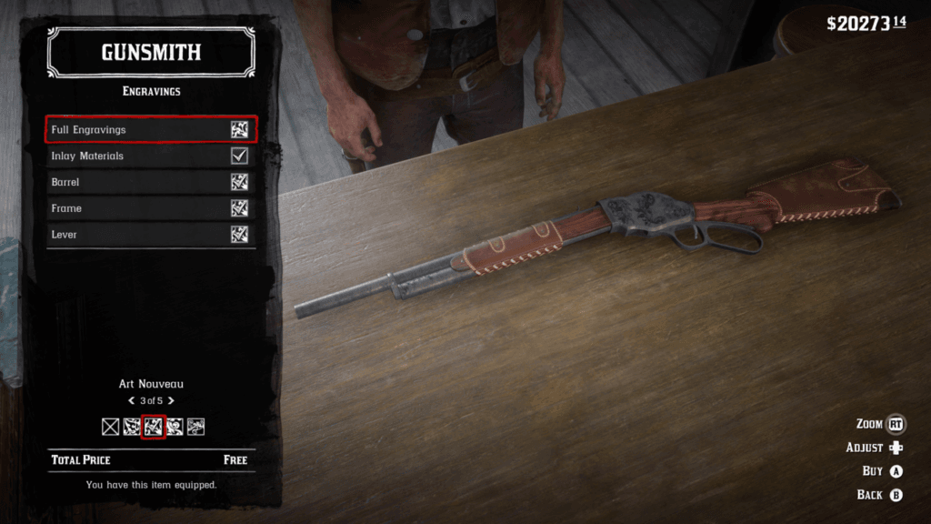 Znowu interfejs zmiany wyglądu broni, tym razem na blacie leży repeating shotgun, a po lewej menu dopasowania wyglądu grawerunków.