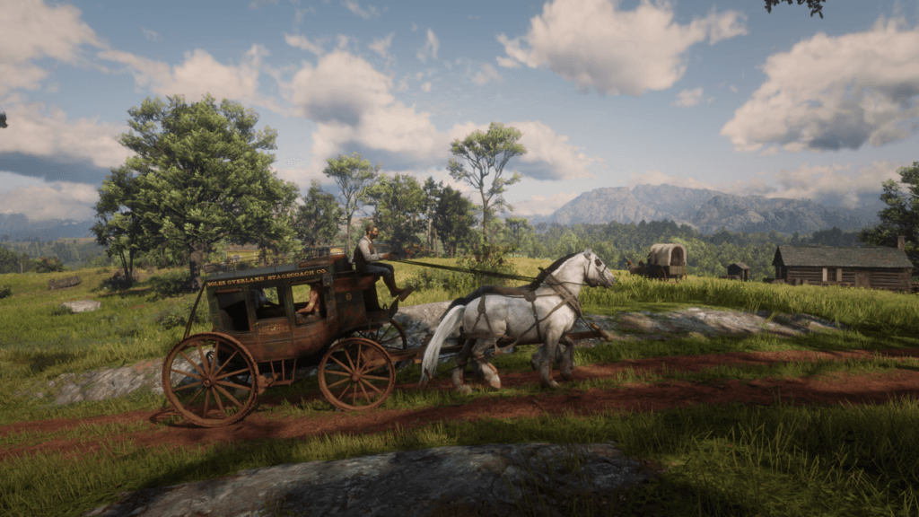 Dyliżans Boles Overland Stagecoach Co. na drodze z Rhodes. Po prawej stronie, trochę dalej od patrzącego widać odjeżdżający wóz z paką krytą płótnem. 