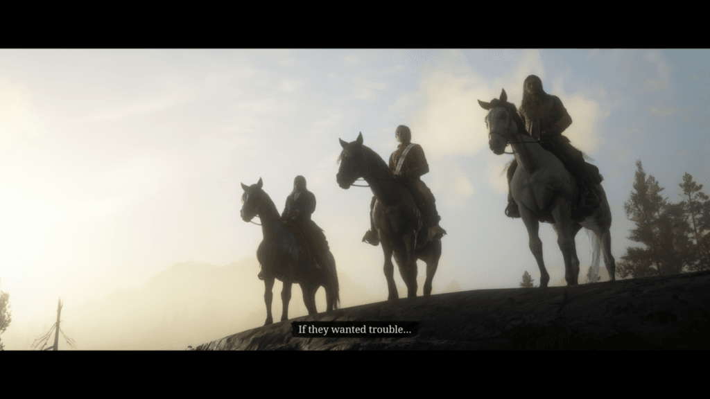 Zbliżenie na trzech rdzennych Amerykanów na koniach na tle nieba. Pod nimi napis "If they wanted trouble..."