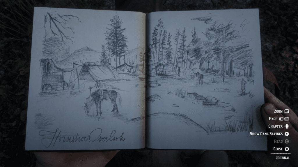 Dziennik Arthura otwarty na stronie z ołówkowym szkicem obozu podpisanym Horseshoe Overlook. Na szkicu rozbite namioty, wozy, kilka koni i osób.