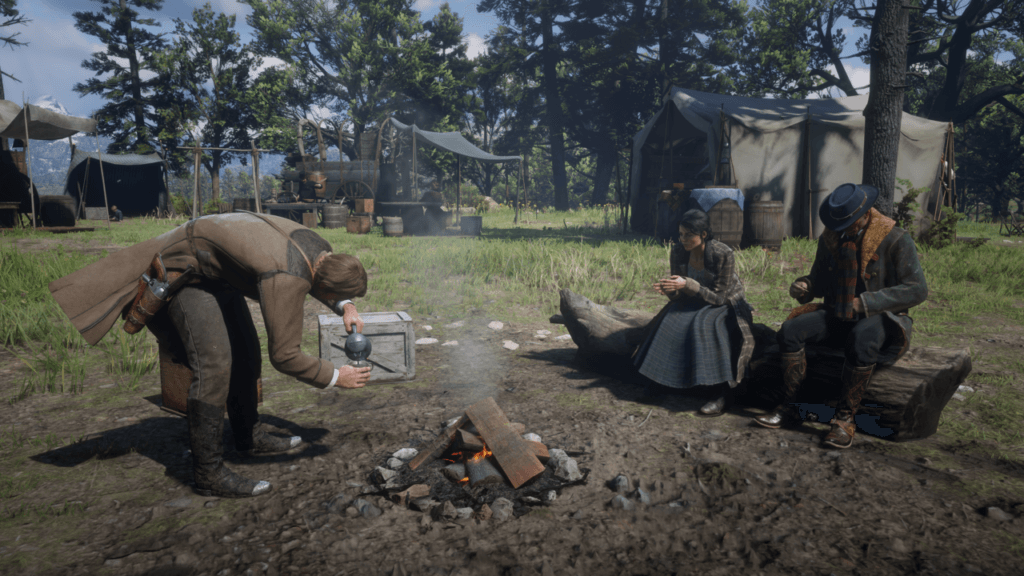 Arthur nalewa sobie kawy przy ognisku, przy którym na pniu drzewa siedzą Abigail i zapalający papierosa Hosea.