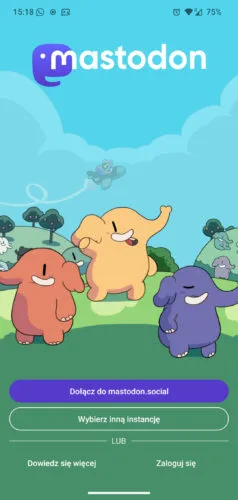 Ekran powitalny aplikacji Mastodon. Stado rysowanych mastodontów na zielonych wzgórzach, jeden w samolocie powyżej. Pod nimi przyciski „Dołącz do mastodon.social” i „Wybierz inną instancję”. Jeszcze niżej „Dowiedz się więcej” oraz „Zaloguj się”.