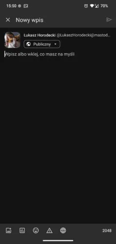 Ekran tworzenia nowego wpisu z promptem „Wpisz albo wklej, co masz na myśli”. Na dole pasek narzędzi: dodawanie mediów, ankiety, emoji, ostrzeżenie o zawartości, poziom widoczności wpisu i licznik znaków.