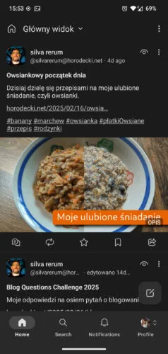 Główny widok w Megalodonie. Wygląda prawie tak samo jak w poprzedniej aplikacji, tylko wpisy mają zostawione mniej wolnego miejsca z lewej strony, a obrazek wyróżniający zajmuje całą szerokość ekranu.