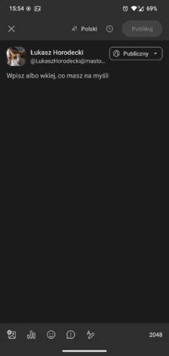 Ekran tworzenia wpisu, od tego z Mastodona różni się tylko odrobinę jaśniejszymi kolorami.