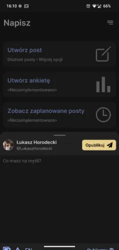 Ekran tworzenia wpisu. Od góry przyciski Utwórz wpis, Utwórz ankietę (niezaimplementowane) i Zobacz zaplanowane posty (niezaimplementowane). Pod tym pole edytora z uciętymi na dole ikonami.