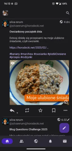 Oś czasu w Fedilabie z ciemnym motywem. Widoczny mój wpis o owsiankach i początek następnego. Tło jest prawie czarne, aktywne przyciski mają fioletowe tło.