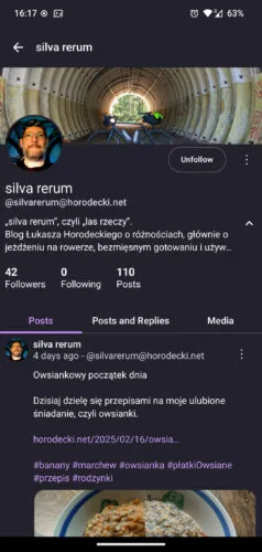 Ekran z widokiem konta tego bloga. Jak zawsze: obrazek nagłówkowy, awatar, nazwa itp. Pod tym przełącznik kart: posts, posts and replies, media i widoczna część ostatniego wpisu o owsiankach.