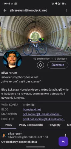 Profil silva rerum widziany w Raccoon. U góry dziwnie przeskalowany obrazek nagłówkowy i zwyczajowe elementy: awatar, biogram, odnośniki. Na dole przełącznik kart: Posty, Posty i odpowiedzi, Przypięty, Media.