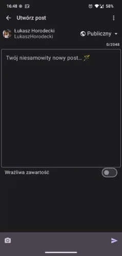Edytor wpisów w Raccoon z promptem „Twój niesamowity nowy post... (ikonka magicznej różdżki)”. Nad polem tekstowym nazwa konta, przełącznik widoczności ustawiony na publiczny i licznik znaków. Poniżej przełącznik Wrażliwa zawartość. Na dole przycisk dodawania mediów i wysyłania wpisu.  