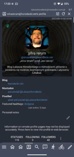 Profil silva rerum w Subway Tooter. Na górze obrazek nagłówka z nałożonym awatarem, nazwą, handle i biogramem. Poniżej pola z odnośnikami i miejsce na notatkę.