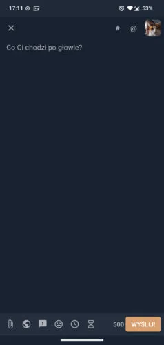 Edytor wpisów w Husky. Podobny do tego z Tusky z dodatkową ikonką klepsydry na dolnym pasku, która powoduje, że wpis zniknie po wyznaczonym czasie.