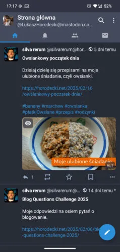 Główny widok w Yuito. Tła szaroniebieskie, biały tekst, niebieskie akcenty. Na górze awatar i nagłówek Strona główna. Poniżej ikony strony głównej, powiadomień, osi lokalnej i wiadomości bezpośredniej.