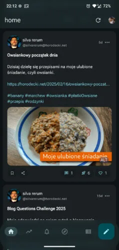 Strona główna trunks pokazująca wpisy z tego bloga. Na dole częściowo przeźroczysty, ciemnozielony pasek z ikonami: strona główna, popularne, powiadomienia, odkrywaj, listy i tworzenie nowego wpisu. Ciemnoszare i ciemnoszarozielone tła, jasnoszarozielone odnośniki.