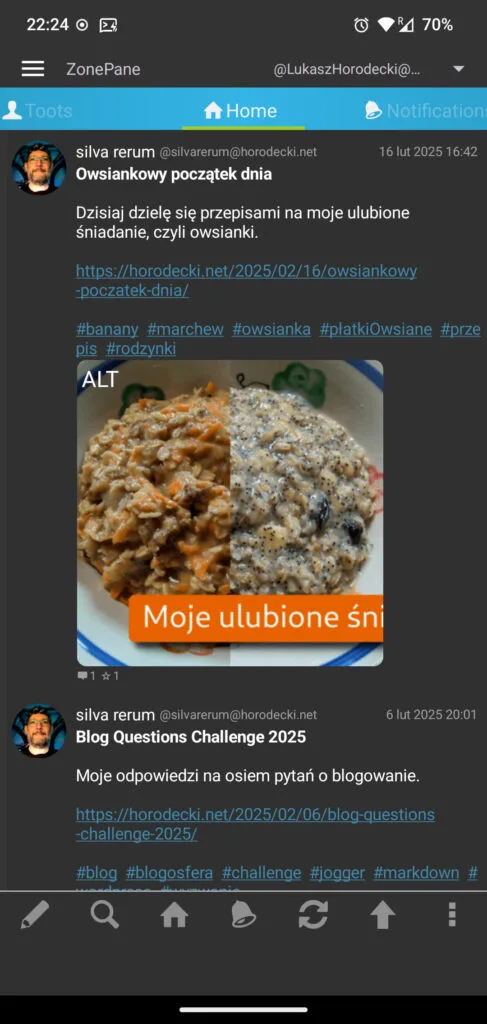 Ekran główny ZonePane. Na górze jasnoniebieski pasek z widocznymi trzema pozycjami: Toots, Home i Notifications. Home jest podkreślone jasnozielonym paskiem. Poniżej w ciemnoszarym tle wpisy z silva rerum z białym tekstem i niebieskimi odnośnikami. Na dole ekranu pasek z szarymi ikonkami: tworzenie wpisu, wyszukiwanie, strona główna, pwiadomienia, odświeżanie, przejście do góry, menu.