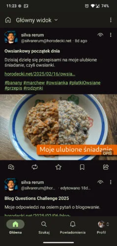 Główny widok w Moshidonie z ciemnym motywem i zielonym schematem kolorystycznym. Odnośniki są zielone, paski narzędzi ciemnozielono-brunatne, prawie brązowe, aktywna ikona jasnozielona na zielonym tle.