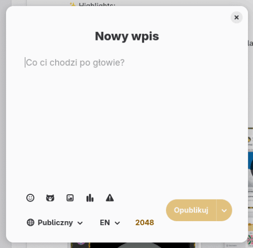 Okno nowego edytora takie jak opisane w pierwszym zrzucie podłączonym do wpisu, ale bez podglądu wpisu, bo to tworzenie nowego wpisu, a nie odpowiedź.
