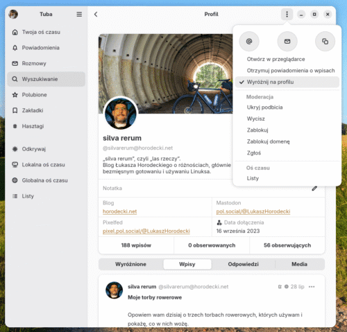 Profil tego blogu otworzony w Tubie. W prawym górnym rogu jest rozwinięte menu z zaznaczoną pozycją „Wyróżnij na profilu”.
