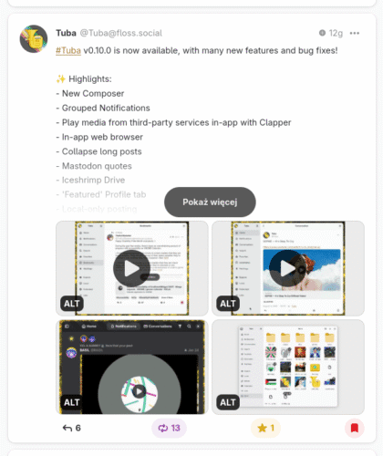 Oś czasu z wpisem z oficjalnego konta Tuby informującym o wyjściu wersji 0.10.0. Na spodzie są podczepione miniaturki czterech załączników, a nad nimi zwinięta treść wpisu z nałożonym przyciskiem „Pokaż więcej”.