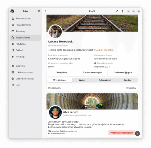 Mój profil na serwerze mastodon.com.pl z aktywną zakładką „Wyróżnione”, w której znajduje się hasztag #livezroweru oraz fediwersowy profil tego bloga.