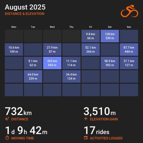 Infografika z serwisu Ride with GPS. Na karcie kalendarza na sierpień 2025 zaznaczone są aktywności, a poniżej znajdują się statystyki. Dystans 732 kilometrów, czas w ruchu 1 dzień 9 godzin i 42 minuty, suma przewyższeń 3510 metrów, 17 jazd.