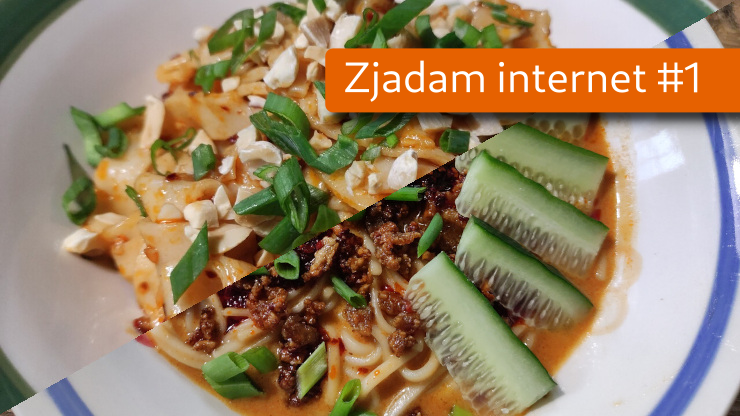 Obrazek wyróżniający wpisu. Zestawione ze sobą zdjęcia dwóch misek spotykają się po przekątnej. Lewe górne to szerokie taśmy makaronu posypane szczypiorem i fostaszkami, prawe dolne to ramen w pomarańczowo-brązowympłynie z wysmażonym na brązowo tofu i kawałkami zielonego ogórka.