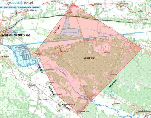 Fragment mapy okolic na południowy wschód od Nakła nad Notecią z zaznaczonym na czerwono obszarem polowania o wielkości 59.301 km²