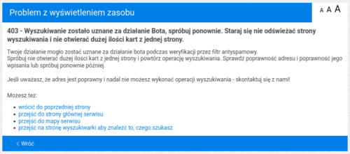 Komunikat „Problem z wyświetleniem zasobu” z Biuletynu gminy Nakło nad Notecią: „403 - Wyszukiwanie zostało uznane za działanie Bota, spróbuj ponownie. Staraj się nie odświeżać strony wyszukiwania i nie otwierać dużej ilości kart z jednej strony”.