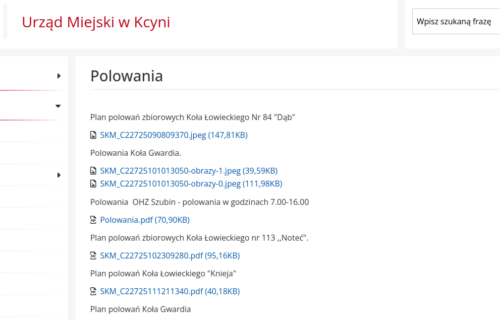 Strona z informacjami o polowaniach w Biuletynie Informacji Publicznej gminy Kcynia. Na liście są: plan polowań koła łowieckiego Dąb oraz  koła Gwardia, dostępne w formacie Jpeg, oraz dostępne w PDF plany polowań OZH Szubin i kół Noteć i Knieja.