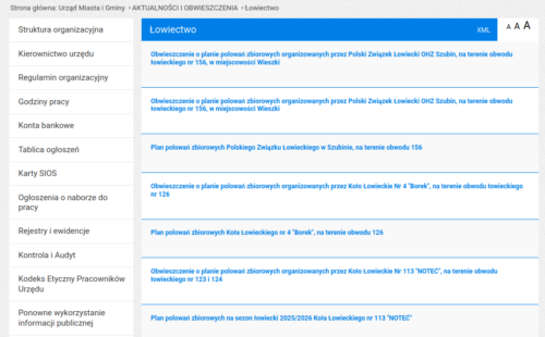 Sekcja Łowiectwo w BIP-ie gminy Nakło. Na liście polowania OZH Szubin, PZŁ Szubin oraz kół Borek i Noteć.