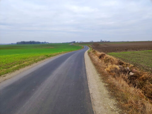 Kręta, wąska asfaltowa droga przez pola w pochmurny dzień. Pole po lewej jest zielone, to po prawej w większości puste.