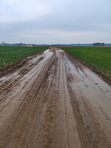 Błotnista droga gruntowa przez zielone pola.