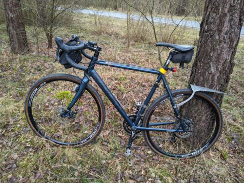 Ciemnoniebieski rower szutrowy Ridley stoi w lesie, oparty tylnym kołem o drzewo. W tle znajduje się szosa przechodząca przez las.