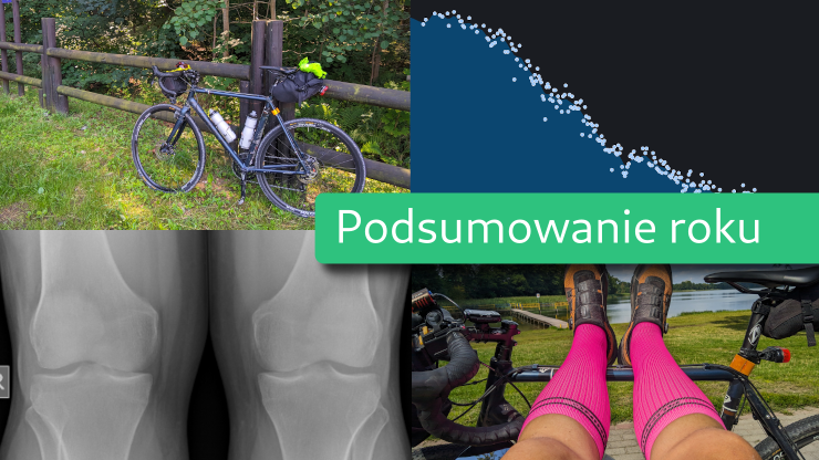 Obrazek wyróżniający wpisu podsumowującego rok 2025. Każda z ćwiartek to inna grafika. Lewy górny róg to zdjęcie mojego ciemnoniebieskiego roweru szutrowego ze sporą torbą pod siodłem, opartego o drewniane. ogrodzenie leśnego parkingu. Prawy górny to niebieski wykres z zaznaczonymi jasnoniebieskimi punktami, opadającymi w dół. Lewy dolna ćwiartka to czarno-białe zdjęcie rentgenowskie moich kolan, a prawy dolny róg zajmuje zdjęcie moich nóg w jaskraworóżowych podkolanówkach i pomarańczowo-czarnych butach opartych o ramę roweru a w tle widać jezioro. Na to wszystko nałożyłem zielony pasek z białym napisem „Podsumowanie roku”