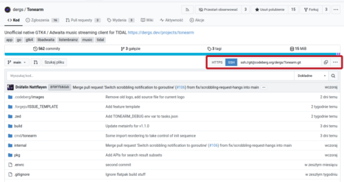 Strona Tonearm na Codebergu z zaznaczonym czerwoną obwódka adresem repozytowium.