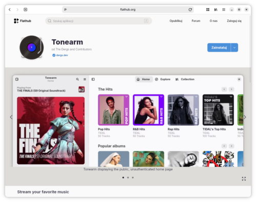 Okno przeglądarki z otworzoną stroną aplikacji Tonearm w serwisie Flathub.org. Na górze jest logo Tonearm w postaci gramofonu odtwarzającego czarną płytę, nazwa programu i developerzy (The Dergs and Contributors) oraz przyciska Zainstaluj, a poniżej zrzut ekranu okna aplikacji.