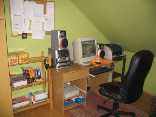 Biurko stojące w rogu pomalowanego na jasnozielony kolor pokoju, pod skosem z prawej strony. Na biurku stoi duży monitor CRT, srebrno-szara wieża z jedną kolumną stojącą na wieży, po lewej stronie monitora, a drugą po prawej. Pod blatem wysuwana półka z czarną klawiaturą. Pod szufladą po lewej stronie jest półka, na której leży skaner, a pod nim dwie ryzy papieru. Po prawej stronie biurka jest stojak, a na nim spora drukarka. Po lewej regał z magazynami o Linuksie i PHP oraz książki o tej samej tematyce i słownik języka angielskiego. Nad tym wszystkim wisi korkowa tablica z przypiętymi papierami.