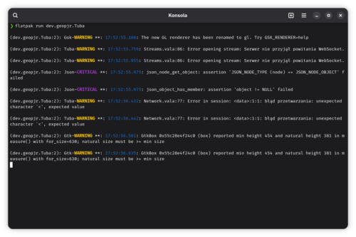 Okno terminala z dziewięcioma komunikatami Tuby uruchomionej poleceniem flatpak run dev.deopjr.Tuba. Wystąpienia słowa WARNING są żółte, CRITICAL fioletowe a czas komunikatu niebieski.