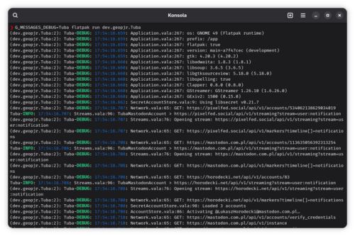 Okno terminala pełne szczegółowych komunikatów, które nie mieszczą się w nim i znikają pod dolną krawędzią. Użyte polecenie to G_MESSAGES_DEBUG=Tuba flatpak run dev.geopjr.Tuba. Rodzaj komunikatu (DEBUG lub INFO) jest kolorowany na zielono, a czas na niebiesko.