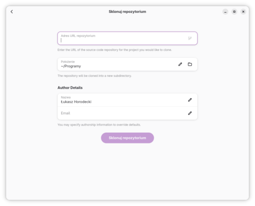 Dialog klonowania repozytorium w GNOME Builder. Aktywne pole to „Adres URL repozytorium”, a poniżej są „Położenie” oraz „Author details” z miejscem na nazwę oraz email.