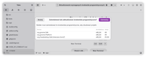 Dialog aktualizacji środowisk programistycznych w GNOME Builder