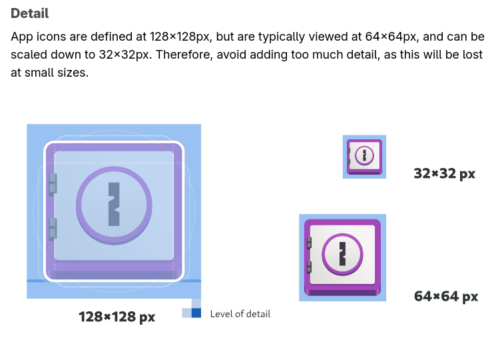 Wycinek ze strony GNOME HIG dotyczący szczegółowości ikon. Tekst mówi o tym, że ikony mają rozmiar 128x128 pikseli, ale najczęściej wyświetlane są pomniejszone do 64x64, a nawet 32x32, dlatego należy unikać zbyt dużej ilości detali, które zginą przy przeskalowaniu do mniejszych rozmiarów. Pod tekstem ikona przedstawiająca biało-fioletowy sejf w tych trzech rozmiarach.